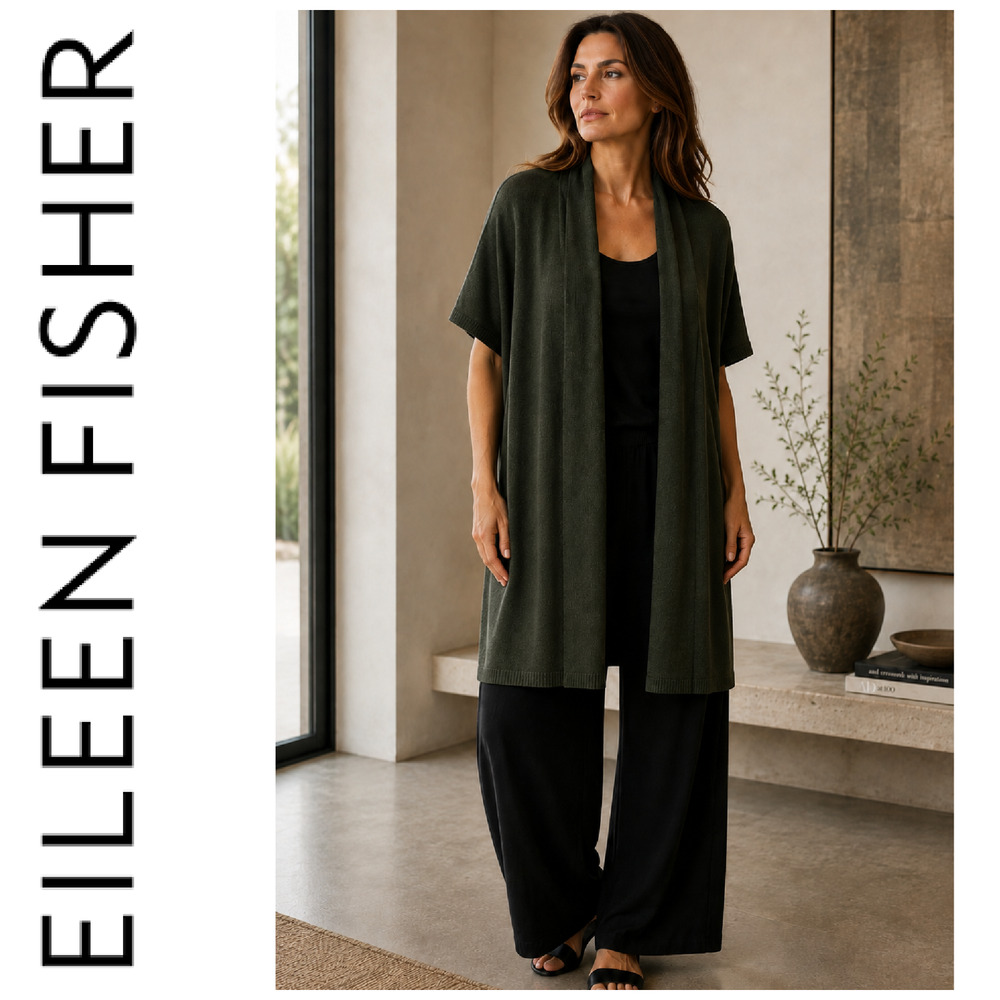 Eileen Fisher Sz L Olive Green Viscose Knit Long Cardigan Shawl Collar